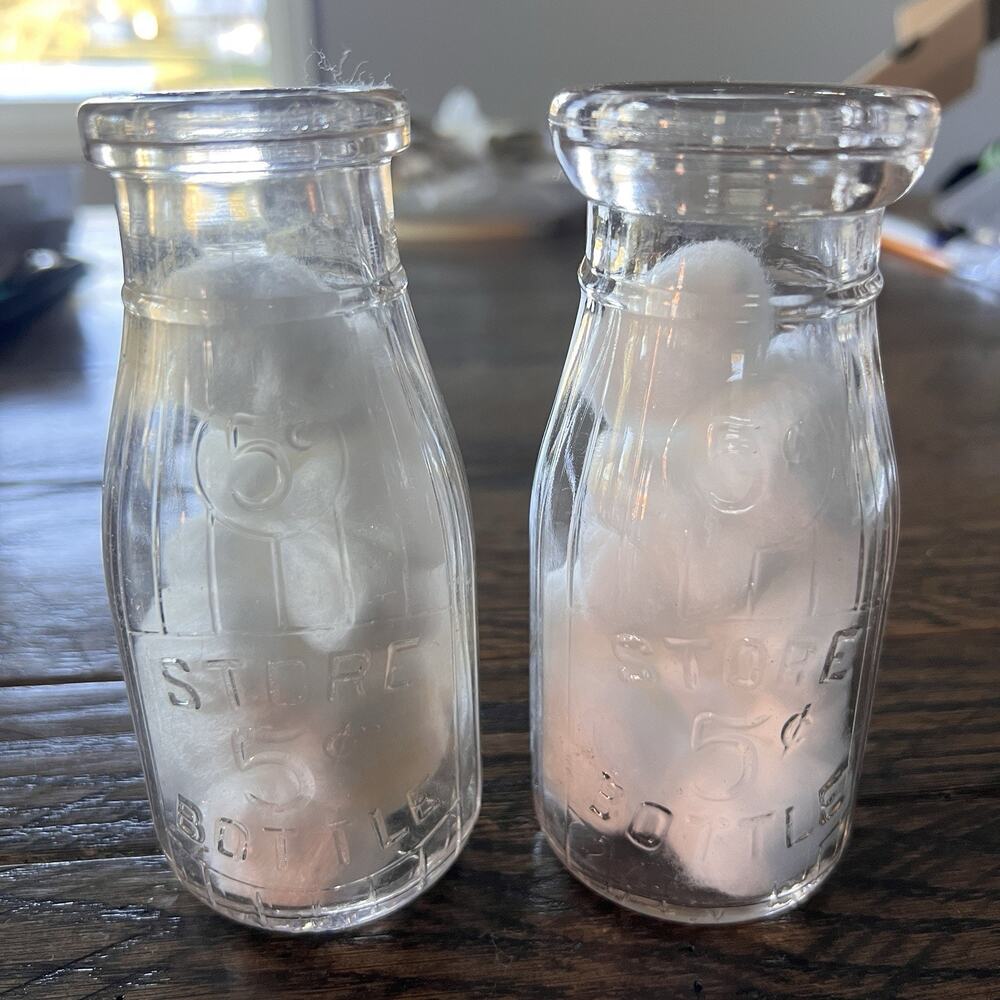 Set Of 2 Universal Store Bottle 5 Cents Half Pint Milk/Creme Bottle 5 3/4” Tall